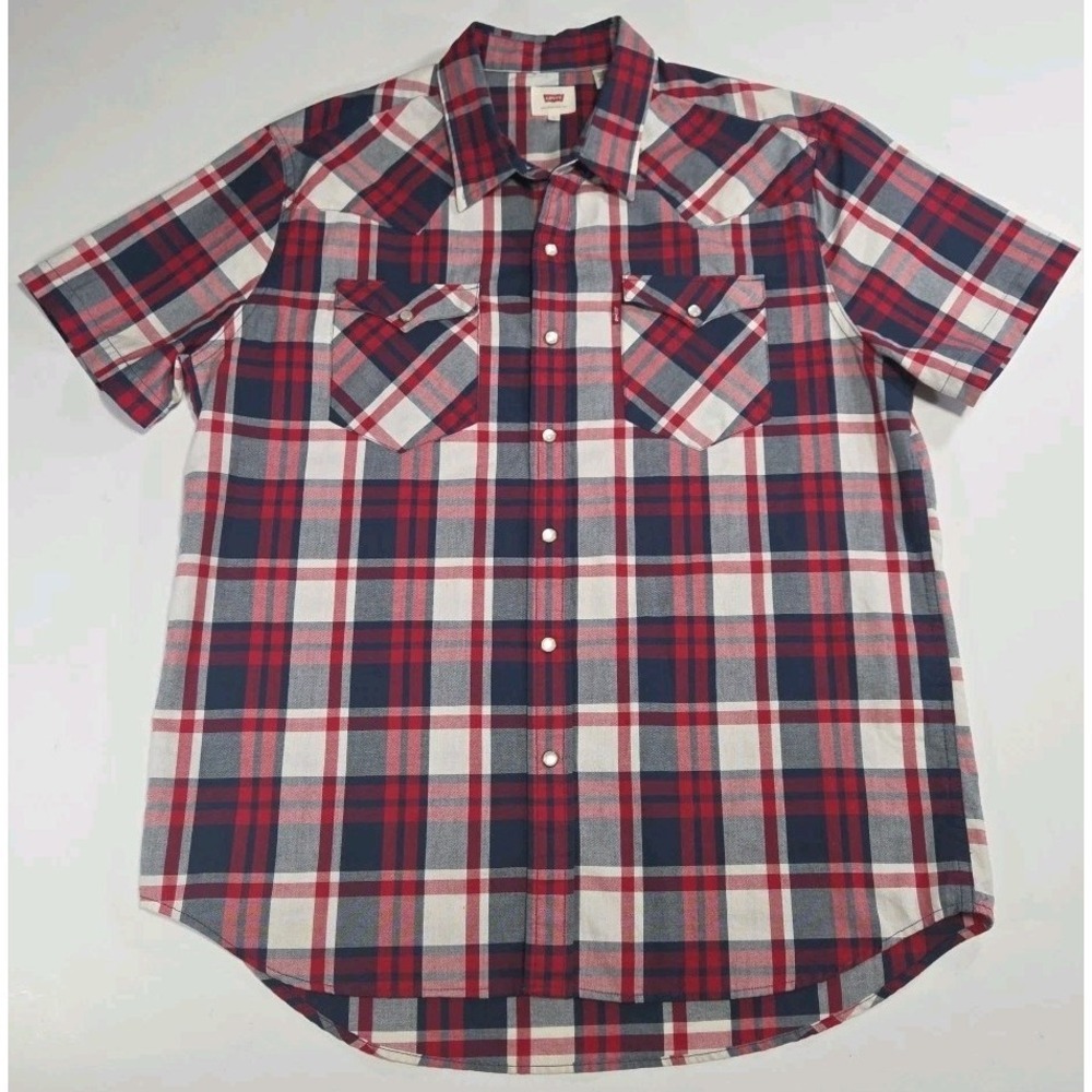 Levis Pearl Snap Button Up Short Sleeve Large Shirt Plaid Red White Blue Western